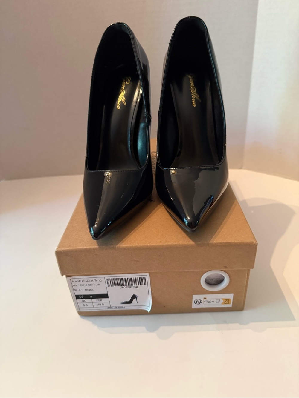 Elisabet Tang Black Patent Point Toe Stiletto Heels NEW Women’s EU 38.5, US 8.5
